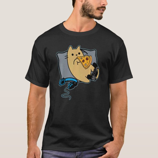 Nerdy Pizza Eating Gamer Cat Game Paused T-Shirt (Front)