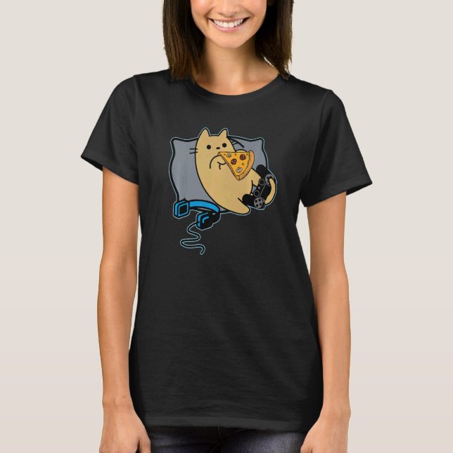 Nerdy Pizza Eating Gamer Cat Game Paused T-Shirt (Front)