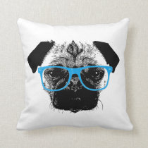 Nerdy Pug in Blue Glasses Hipster Throw Pillow
