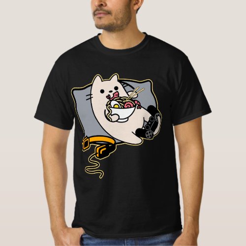 Nerdy Ramen Eating Gamer Cat Game Paused T_Shirt