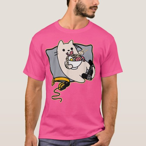 Nerdy Ramen Eating Gamer Cat Game Paused  T_Shirt