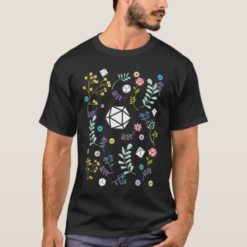 Nerdy White Polyhedral D20 Dice Set Plants and Flo T_Shirt