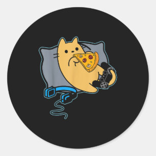 Nerdy Zza Eating Gamer Cat Game Paused Classic Round Sticker