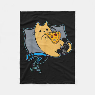Nerdy Zza Eating Gamer Cat Game Paused Fleece Blanket