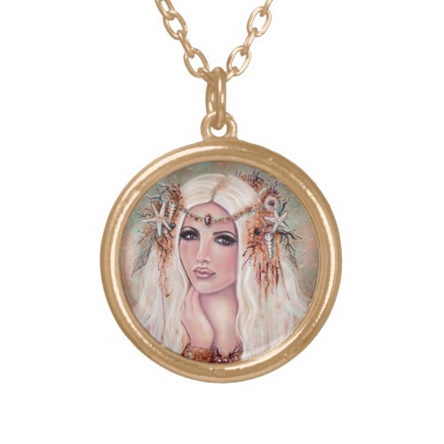 Nereides nymph mermaid art by Renee Lavoie Gold Plated Necklace