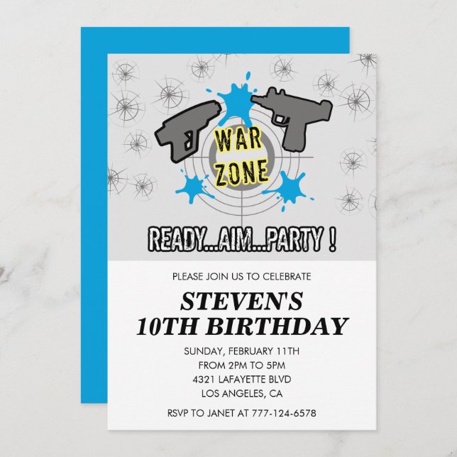 Nerf birthday invitations Dart Water Gun boy (Front/Back)
