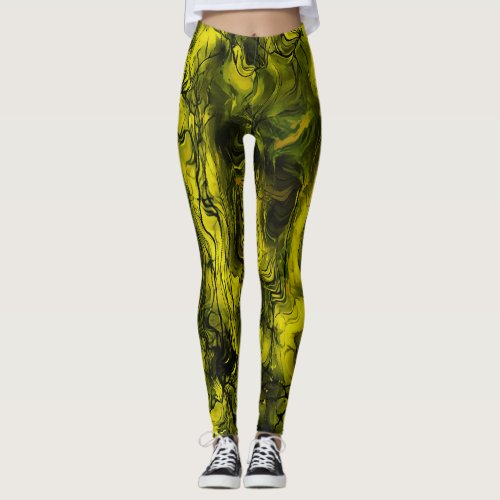 Nervous Energy Grungy Abstract  Black and Yellow Leggings