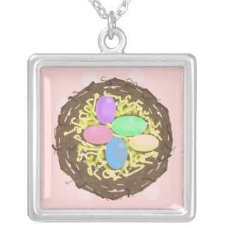 Nest of Coloured Eggs Silver Plated Necklace