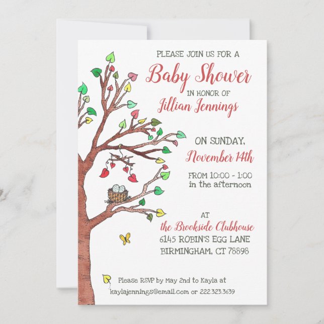 Nest Watercolor Tree Whimsical Baby Shower Invitation (Front)