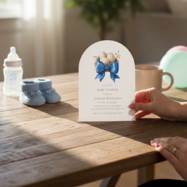 Nesting Bird Blue Bow Baby Shower Invitation (Creator Uploaded)