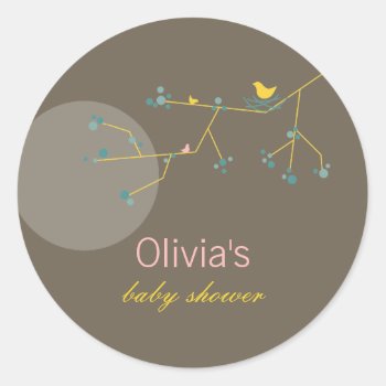Nesting Bird Family On Branches Simple Baby Shower Classic Round Sticker by fatfatin_box at Zazzle