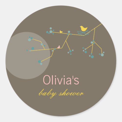 Nesting Bird Family On Branches Simple Baby Shower Classic Round Sticker