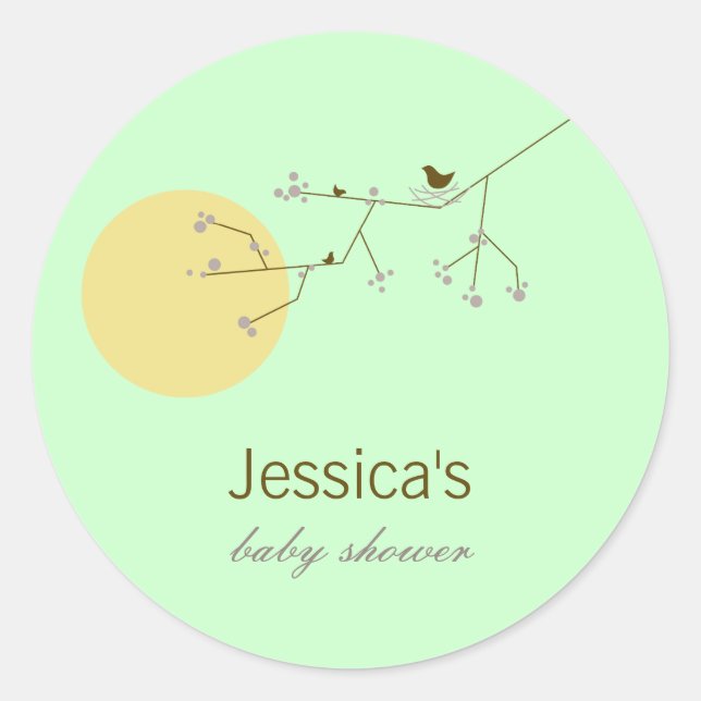 Nesting Bird Family On Branches Simple Baby Shower Classic Round Sticker (Front)