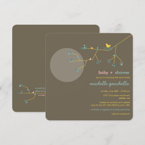 Nesting Bird Branch Moon Family Baby Shower Invite