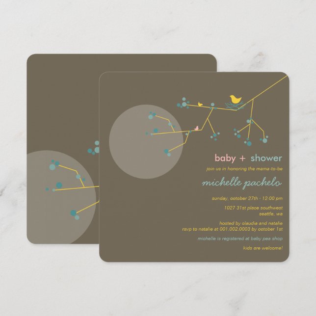 Nesting Bird Family Tree Simple Chic Baby Shower Invitation (Front/Back)