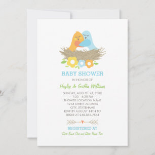 Nesting Birds Spring Baby Boy Shower Blue Orange Invitation