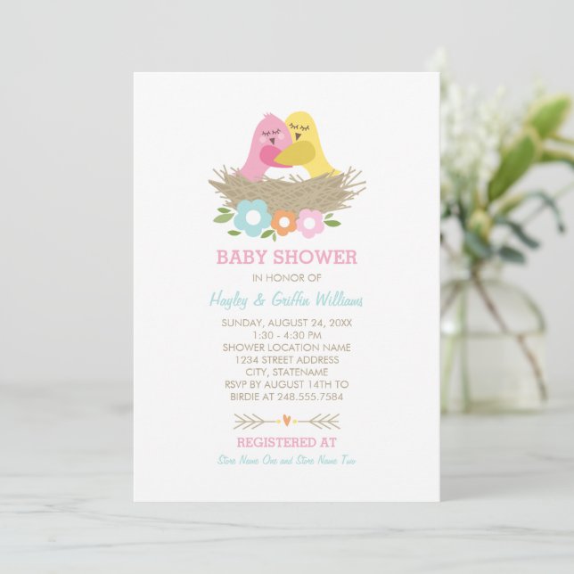 Nesting Birds Spring Baby Girl Shower Invitation (Standing Front)