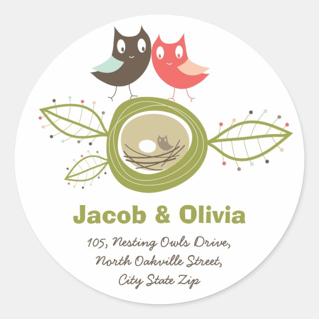 Nesting Owls Family Baby Shower Address Sticker (Front)