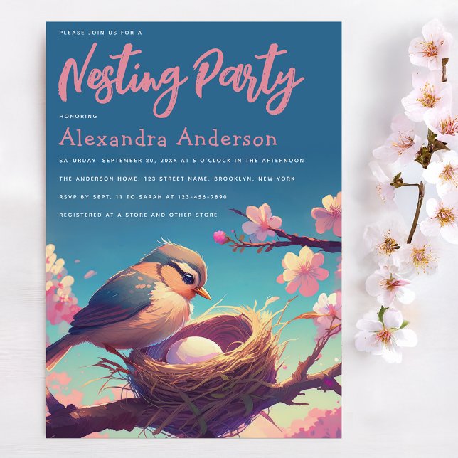 Nesting Party Bird Nest Egg Blue Pink Blossom Invitation (Creator Uploaded)