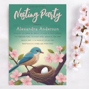 Nesting Party Bird Nest Egg Green Pink Blossom Invitation