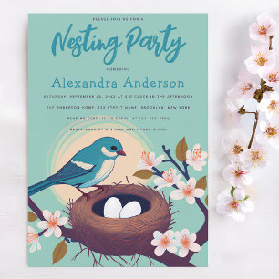 Nesting Party Blue Bird Nest Eggs Floral Blossom Invitation