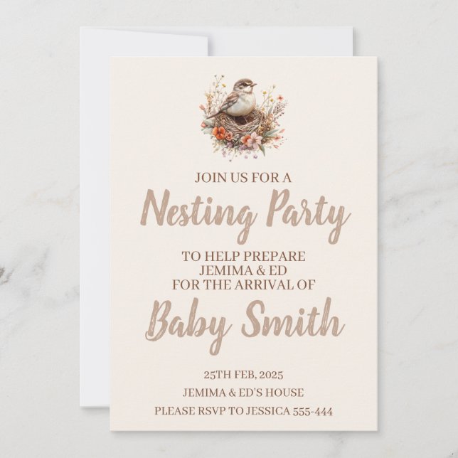Nesting Party Neutral Invitation With Bird Nest (Front)
