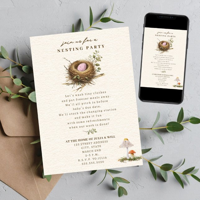Nesting Party Woodland Mushroom Pink Girl Baby Invitation (Creator Uploaded)