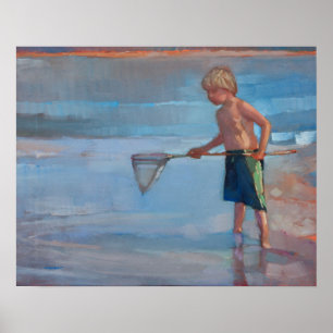 Net Working - Boy with Net at Beach Poster