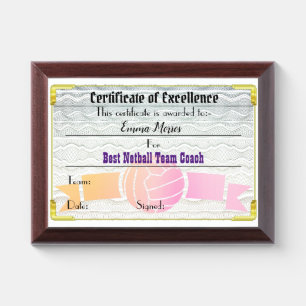 Netball Coach Award Certificate Plaque