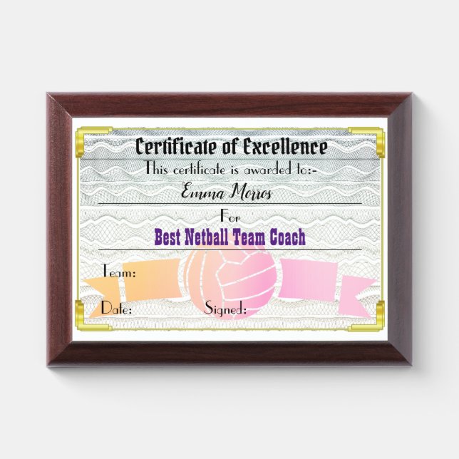 Netball Coach Award Certificate Plaque (Horizontal)
