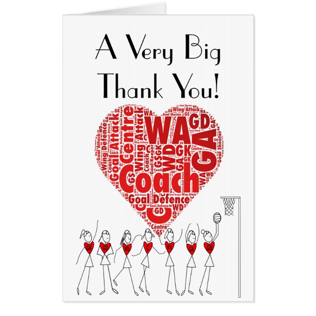 Netball Heart Coach Thank You Huge Greeting Card (Front)