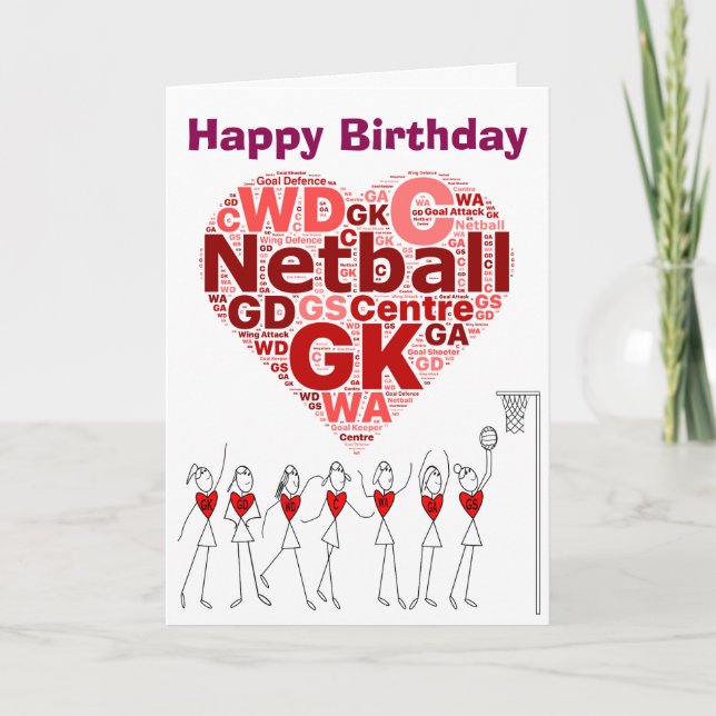 Netball Heart Positions Happy Birthday Card (Front)