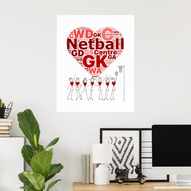Netball Positions Typography Heart Design Poster (Home Office)