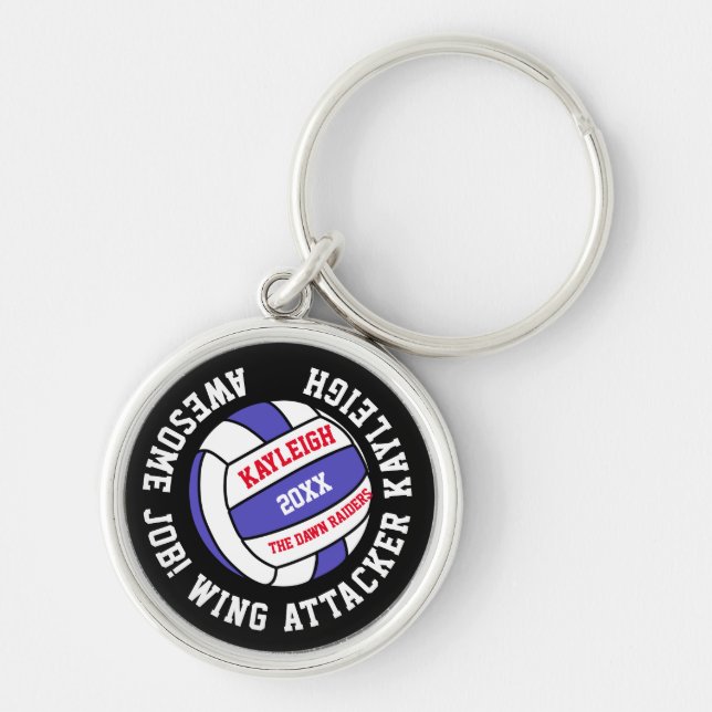 Netball sports blue red white personalized award keychain (Front)