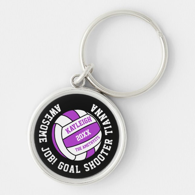 Netball sports purple white personalized award keychain (Front)