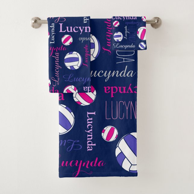 Netballs sports pink blue white custom name bath towel set (Insitu)