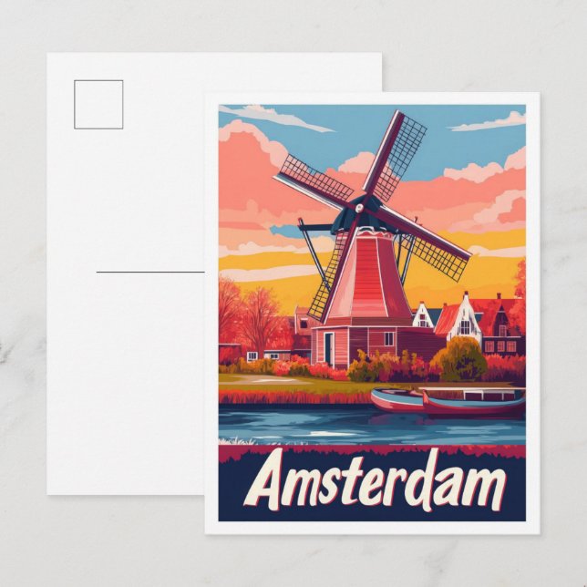 Netherlands Amsterdam Vintage Travel Illustration Postcard (Front/Back)