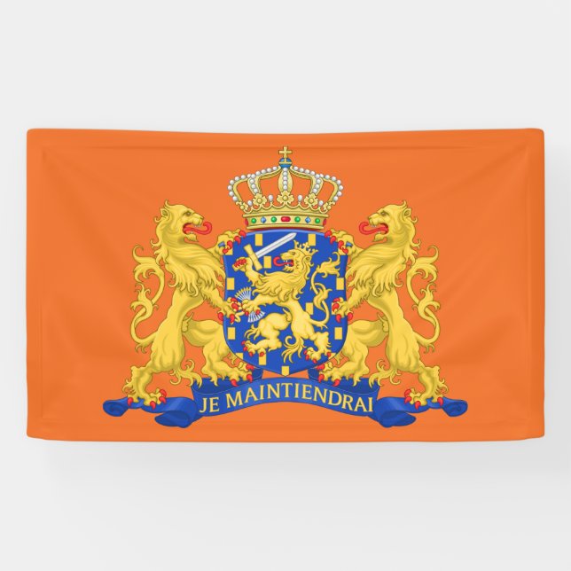 Netherlands Coat of Arms on Orange bnrt Banner (Horizontal)