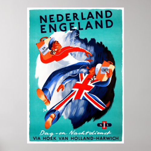 Netherlands England Vintage Travel Poster Restored