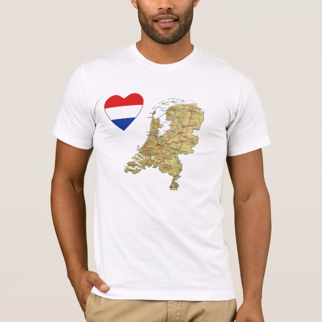 Netherlands Flag Heart and Map T-Shirt (Front)