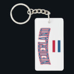 Netherlands Flag Keychain<br><div class="desc">This item has the word "NETHERLANDS" in the Dutch language. The type is in a collegiate style type in an arc over the Dutch flag in the national colors of red, white and blue. The flag of the Netherlands is a horizontal tricolour of red, white, and blue. It harks back...</div>