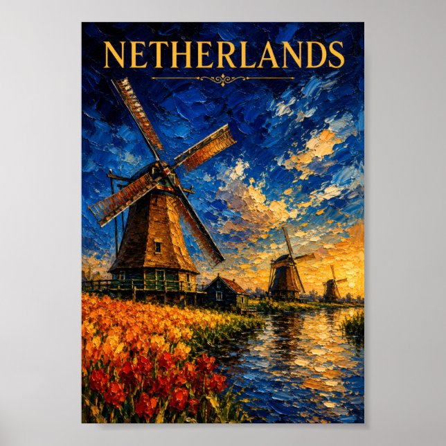 Netherlands: Golden Sunset Windmill Art Souvenir Poster (Front)