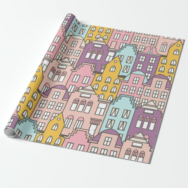 Netherlands houses set hand drawn seamless pattern wrapping paper (Unrolled)