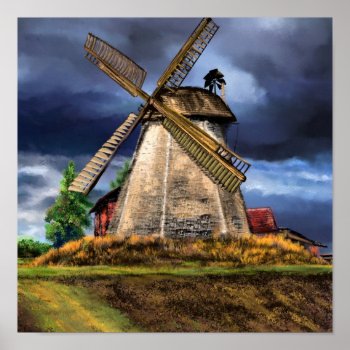 Netherlands Landscape Windmill Poster Painting by Migned at Zazzle