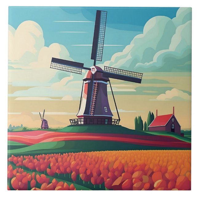Netherlands Landscape Windmill Tulip Field Travel Ceramic Tile (Front)