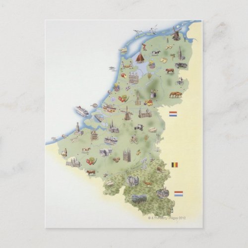 Netherlands map showing distinguishing features postcard