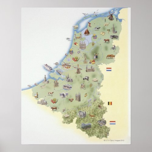 Netherlands map showing distinguishing features poster