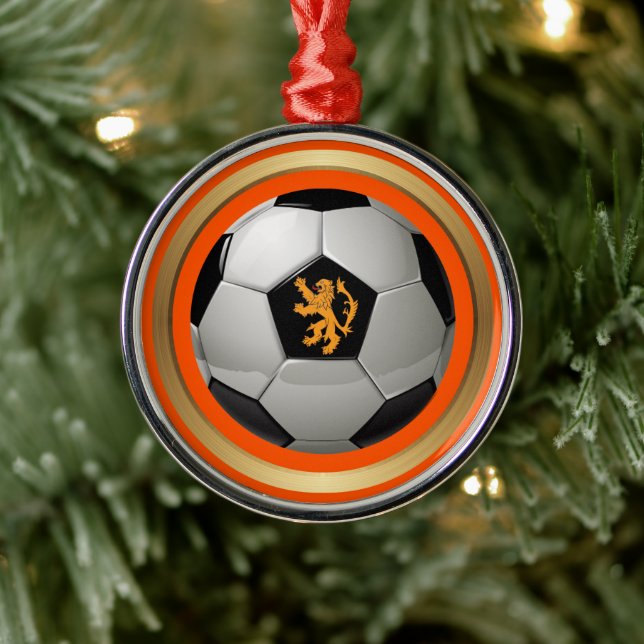 Netherlands Soccer Ball,Dutch Lion on Orange Metal Ornament (Tree)