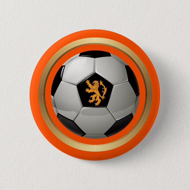 Netherlands Soccer Ball,Dutch Lion on Orange Pinback Button (Front)
