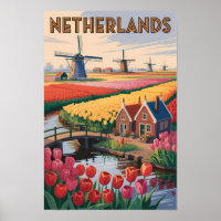 Netherlands Tulips Illustration Travel Art Vintage